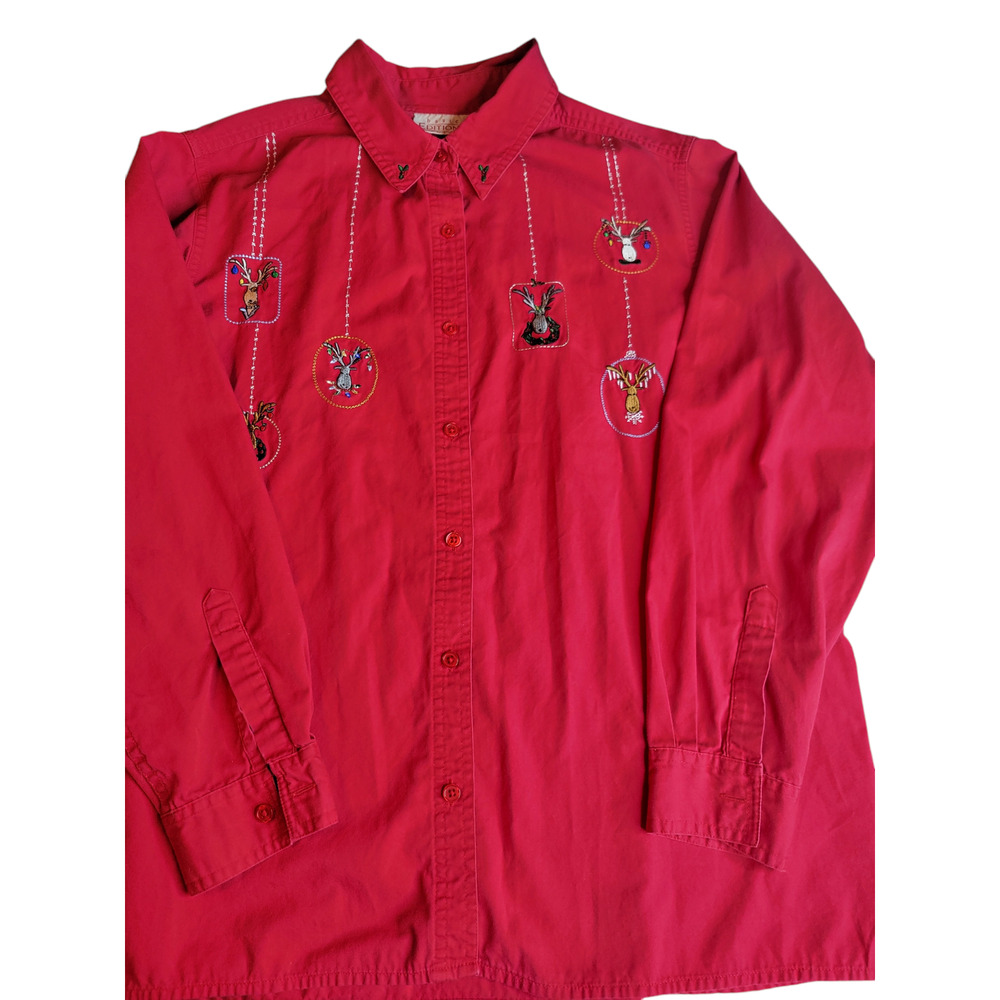 Basic Editions Holiday Embroidered Dear Heads Shirt Red Women's L Large